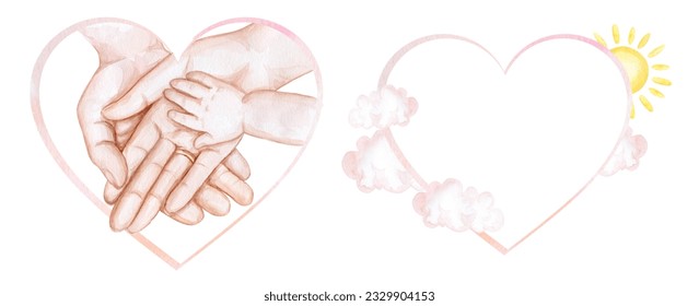 Palms of the hands of a newborn in a heart shape frame with clouds and the sun. Watercolor illustration isolated on white background - Powered by Shutterstock