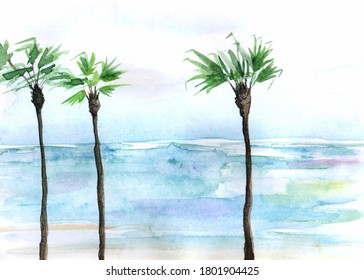 Palms on the beach, blue sea and clean sky - watercolor illustration
