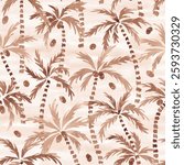 Palms repeat pattern. Exotic seamless tile hand drawn with watercolor. Aquarelle coconut pulm trees. Summer beach print. Warm brown, beige colors. For textile, fabric, clothing, surface, packaging