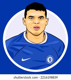 Palu, Indonesia - October 20, 2022 : Thiago Silva Portrait Illustration Wearing A Jersey From Chelsea Football Club