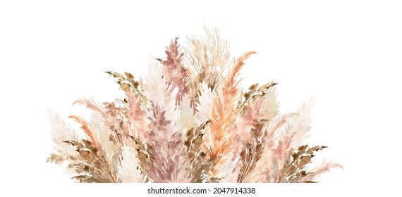 Pampas grass border painted with watercolor. Boho floral neutral colors arch frame. Botanical boho elements isolated on white. Bohemian style wedding invitation, greeting, card, stickers, scrapbooking