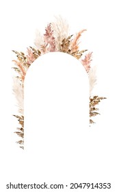 Pampas Grass Border Painted With Watercolor. Boho Floral Neutral Colors Arch Frame. Botanical Boho Elements Isolated On White. Bohemian Style Wedding Invitation, Greeting, Card, Stickers, Scrapbooking