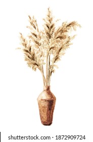 Pampas Grass In Ceramic Vase. Hand Drawn Watercolor Illustration Isolated On White Background