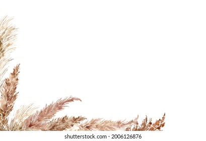 Pampas Grass Corner Painted With Watercolor. Boho Floral Neutral Colors Border. Dried Grass Illustration Isolated On White. Bohemian Style Wedding Invitation, Greeting, Card, Postcard, Stickers