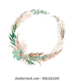 Pampas Grass And Eucalyptus Watercolor Wreath, Round Border . Boho Floral Neutral Colors, Sage Frame. Botanical Boho Elements Isolated On White. Bohemian Style Wedding Invitation, Greeting, Card 