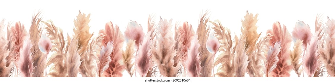 Pampas Grass Seamless Border. Boho Floral Arrangement Of Dry Palm Leaves And Branches In Pastel Colors. Watercolor Illustration For  Print, Fabric Textile, Wedding Invitation And Greeting Cards