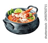 Pan of Asian soup Tom Yum with seafood. Hand drawn watercolor illustration, isolated on white background