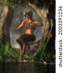 Pan, the god of the wilderness, nature, and shepherds from Greek mythology, in the form of a saytr or faun with goat legs and horns, plays his pipes by a pond in a deep green forest. 3D Rendering.