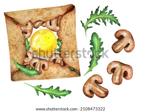 Pancake with egg and mushrooms. Breton biscuits watercolor. French cuisine. Suitable for restaurant menu design, flyers and cookbook.