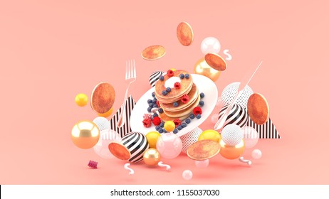 Pancakes and berries among colorful balls on a pink background.-3d rendering. - Powered by Shutterstock