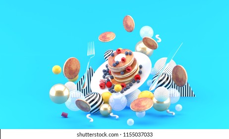 Pancakes and berries among colorful balls on a blue background.-3d rendering. - Powered by Shutterstock