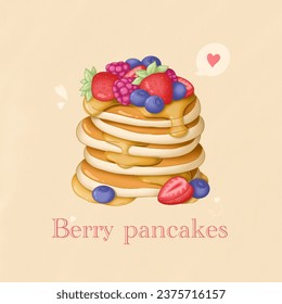 pancakes with berries, food illustration, food postcard, sweet art , beige  background - Powered by Shutterstock