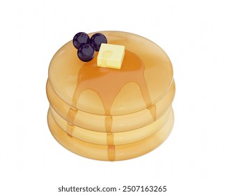 Pancakes with blueberry honey, butter and maple syrup. 3D render - Powered by Shutterstock