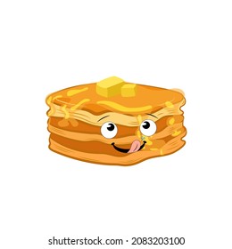 Pancakes, Cartoon Illustration, Buttermilk Pancakes, Sweet Pancake Isolated On White Background, Dessert Illustration With Funny Cartoon Face.