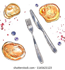 Pancakes, Fritters With Fork And Knife, Berries On Table. Watercolor Illustration Sketch