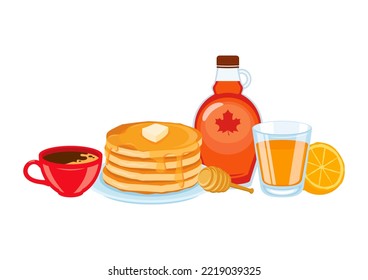 Pancakes and syrup  coffee  orange juice breakfast still life illustration  Fresh sweet pancakes and butter   maple syrup icon  Breakfast food   drink icon isolated white background
