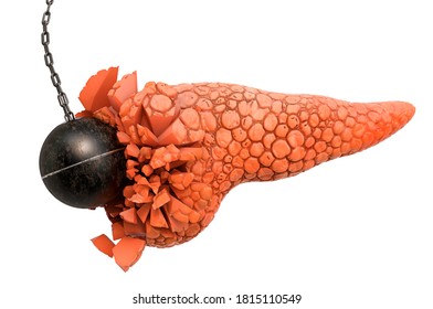 Pancreas Destroying By Wrecking Ball. Pancreatic Pain Concept, 3D Rendering Isolated On White Background