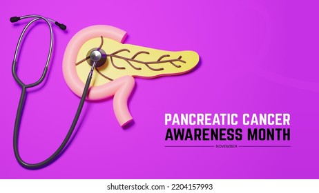 pancreatic cancer awareness month (November). Creative concept design with stethoscope and pancreas in a purple background. 3D illustration. - Powered by Shutterstock