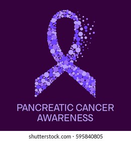 Pancreatic Cancer Awareness Poster. Purple Ribbon Made Of Dots On Dark Background. Pancreatitis Disease. Medical Concept.