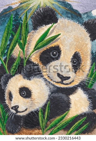 Panda Bear. Mom and baby. Black and white panda bear. Bamboo forest. Animals in wildlife. Watercolor painting. Acrylic drawing art.