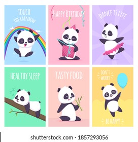 Panda cards. Cute little bear animals cover placard templates collection