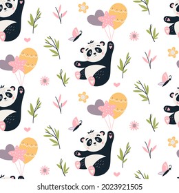 Panda Seamless pattern. Cute baby bear background. Funny nursery print with panda and balloons. Sweet bear for kids party. Perfect for fabrics, textile, and wrap paper. Cartoon style.