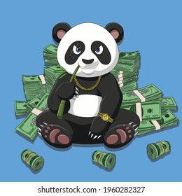 A panda sits in front of a stack of money. A panda wears gold chain and gold wrist watch. A panda is eating bamboo. Character design. Concept illustration.