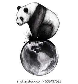Panda sitting on the planet Earth. T-shirt design. Environmental salvation concept. Black ink hand drawn illustration. Sketching line art