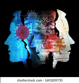 Pandemic Of Coronavirus, Chaos, Human Tragedy.
Stylized Male Heads, Grunge Expressive Black Collage Of Silhouettes Shown In Profile. Concept Symbolizing Pandemic Of COVID 19. Illustration Does Not Sho