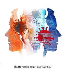 Pandemic Of  Coronavirus, Depression, Male Heads.
Male Heads, Grunge Expressive Composition Of Stylized Silhouettes Shown In Profile. Concept Symbolizing Human Tragedy Of Pandemic Of COVID 19.