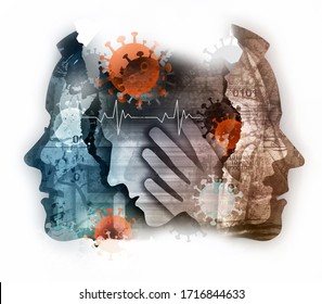 
Pandemic Of Coronavirus, Human Tragedy. 
Male Heads, Grunge Expressive Composition Of Stylized Silhouettes Shown In Profile. Imitation Of Watercolor Painting Symbolizing Pandemic COVID 19.