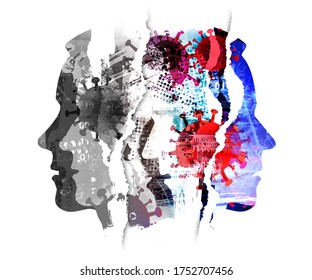 Pandemic Of Coronavirus, Human Tragedy. 
Sick People, Grunge Expressive Composition Of Stylized Silhouettes Shown In Profile. Imitation Of Watercolor Painting Symbolizing Pandemic COVID 19.