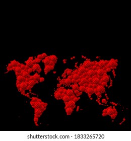 A Pandemic Of Covid Corona Virus Plague That Crosses International Boundaries, Affecting People On A Worldwide Scale, Map Of The World Made Of Virus Model On Black Background, Worldwide Outbreak 