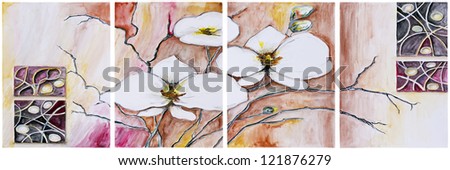 Panel of four paintings - Blooming cherry tree- isolated. Handmade watercolor  painting illustration on a white paper art background