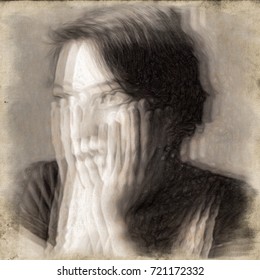 Panic Attack. Glitched Portrait Of A Young Woman Illustrating An Anxiety Disorder.