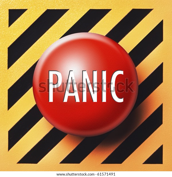 Panic button in\
red on yellow and black\
panel