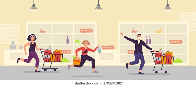 Panic Buying. People Run With Full Cart At Supermarket. Customer Shopping Hysteria.  Illustration. Family Making Stockpile For Quarantine