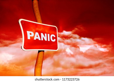 Panic sign against a red sky