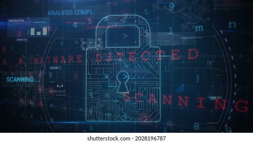 Panning View Of A Cyber Security Lock That Is Being Decoded Using A Ransomware; With Data Encryption And Coding Concept As Background