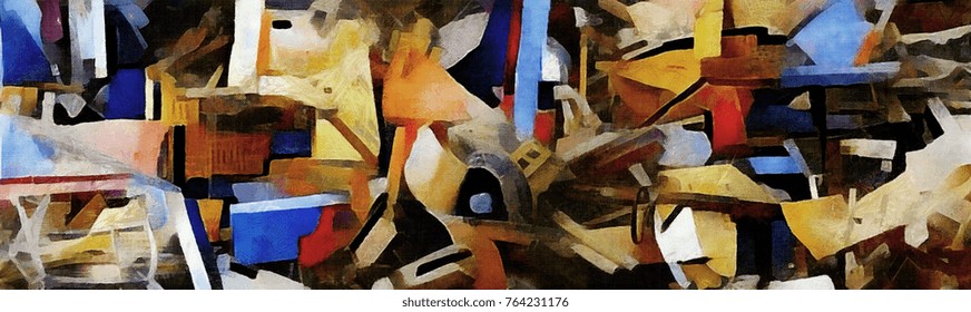 Панорама абстракции. Разработанный в современном стиле картины маслом на холсте. Первобытный стиль кубизма Пикассо и Кандинского.