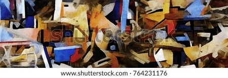 Panorama of abstraction. Designed in a modern style oil painting on canvas. Primitive cubism style of Picasso and Kandinsky.