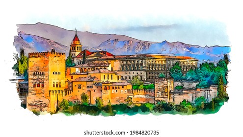 Panorama of the Alhambra palace,
 Granada, Andalusia, Spain, color sketch illustration from photo.