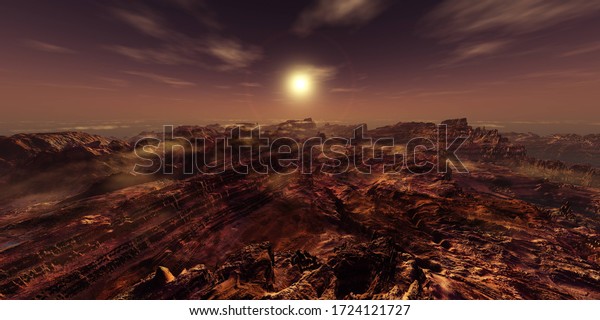 Panorama of an alien landscape,\
sunset on an alien planet, Titanium at sunrise, the surface of\
Titan at sunset, methane sea on an alien planet, 3D\
rendering