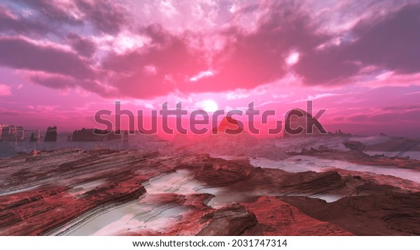 Panorama of an alien landscape,
sunset on an alien planet, Titanium at sunrise, the surface of
Titan at sunset, methane sea on an alien planet, 3D
rendering