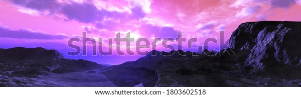 Panorama of alien planet at\
sunset, alien landscape, fantastic surface of the planet, 3D\
rendering