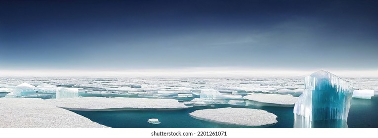 A Panorama Of Antarctica Arctic Sea Where Icebergs Are Floating. Because Of Climate Change And Melting Glaciers, Icebergs Melt And Disappear In The Sea. 3D Illustration And Digital Painting.