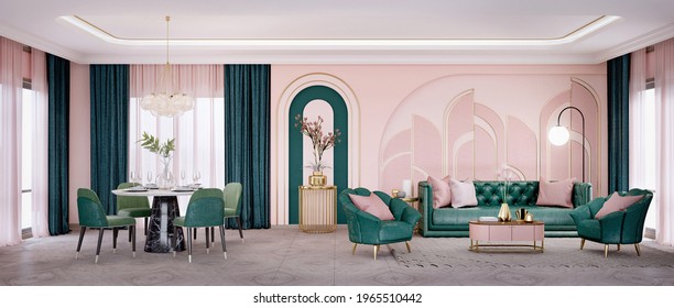 Panorama Of Art Deco Style  Living Room And Dining Area With Sofa,armchair.3d Rendering