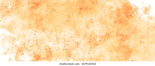 Panorama of Artwork. Close up of Abstract orange watercolor painting art on white background, Brushstrokes of paint in hot toned. Color splashing in paper, Hand drawn, Texture for banner design