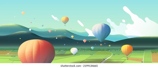 Panorama Of Beautiful Landscape. Illustration Of Hot Air Balloon Festival In Taitung, Taiwan. Hot Air Balloons Flying Above Spacious Grass Field.