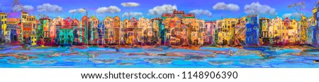 Panorama of bright town near the sea, oil painting cityscape